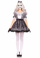 Porcelain doll, costume dress, lace trim, bows, checkered pattern